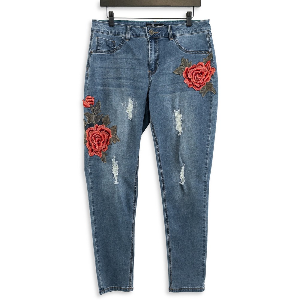 ONE5ONE Embellished Skinny Jeans Women 12 Blue Stretch Denim Rose Applique Pants